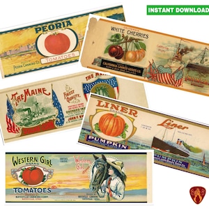 Vintage American food labels tin can fruit & vegetable labels USA kitchen decor cutlery pots printable food labels instant jpeg download