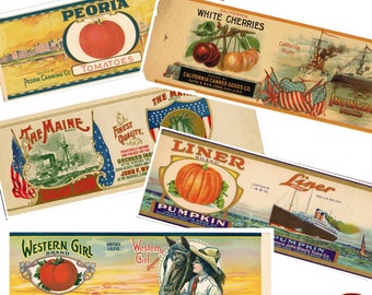 May include: Vintage style labels for canned goods, featuring images of fruit, vegetables, and ships. The labels include text such as "Peoria", "California White Cherries", "The Maine", "Finest Quality", "Liner", "Western Girl", and "Invincible".