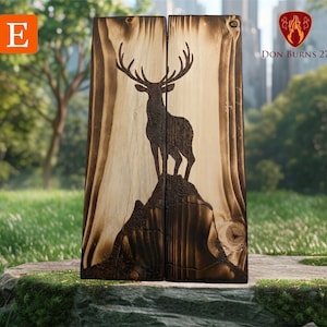 May include: A wood-burned art piece depicting a silhouette of a deer standing on a mountain peak. The piece is signed "DON BURNS 27" in the top right corner.