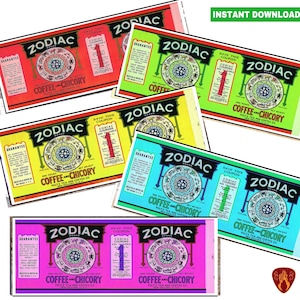 Puede incluir: Una colección de etiquetas vintage de café y achicoria de la marca Zodiac. Cada etiqueta es de un color diferente, con un diseño circular que presenta los signos del zodíaco. Las etiquetas también incluyen el texto "Coffee and Chicory" y "Foltz Tea and Coffee Co."