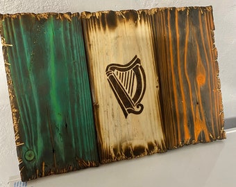 Rustic Irish wooden flag home decor Ireland harp bespoke wooden art house wall hanging pyrography wood burned Gaelic sign Guinness decor