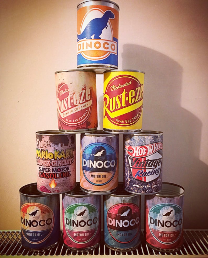 Rusteze Cars Racing Labels Motor Oil Tin Can Party Themed Prints Set of ...
