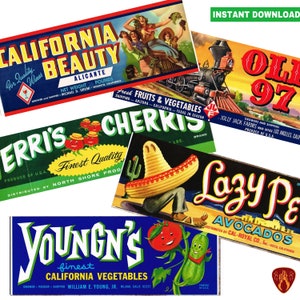 Vintage food labels tin can California fruit and veg labels grape label USA kitchen decor cutlery pots printable labels instant download