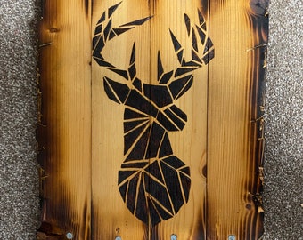 Rustic wooden stag home decor log cabin mancave wall hanging man cave deer hunting lodge pyrography wood burned stag head wall art