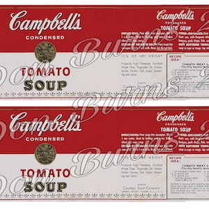 Peut inclure: Deux étiquettes de soupe aux tomates condensée Campbell's vintage. Les étiquettes présentent un design rouge et blanc avec le logo Campbell's et les mots "Tomato Soup". Les étiquettes incluent également une idée de recette.