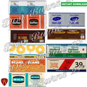 Sainsburys vintage canned food labels for tin cans kitchen decor prints cutlery pots printable food labels instant download retro food tins