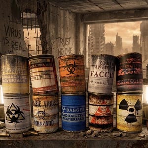 May include: A post-apocalyptic scene featuring stacked, weathered metal cans with warning labels like "Danger Radioactive Materials" and "Zombie Antiviral Vaccine." Graffiti reads "Virus is Real" and "Trust No One."