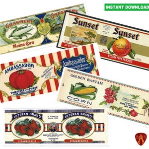 Vintage fruit and veg can labels food tin cans vegetable prints kitchen decor cutlery pots printable food labels instant download jpeg label