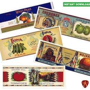 May include: Vintage fruit crate labels featuring a variety of fruits, including peaches, plums, cherries, peas, and tomatoes. The labels are designed with a Native American theme and feature colorful illustrations and text.
