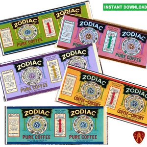 Vintage Zodiac coffee labels tin can label kitchen diner cutlery pots printable coffee labels instant download jpeg tea label Zodiak retro