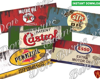 Vintage Motor oil can labels set of 5 printable digital prints instant download jpeg tin can label