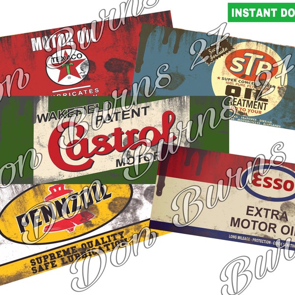 Vintage Motor oil can labels set of 5 printable digital prints instant download jpeg tin can label