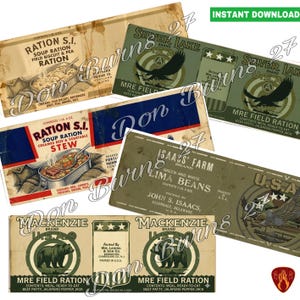 Etichette per lattine ispirate alla seconda guerra mondiale, alimenti militari in scatola, etichette per alimenti in scatola USA, lattine per razioni, etichette PDF stampabili per alimenti americani, involucri per lattine della seconda guerra mondiale