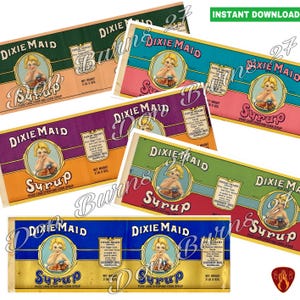 May include: A collection of vintage Dixie Maid syrup labels in various colors, including green, pink, purple, and blue. Each label features an illustration of a young girl and the text "Syrup". The labels are marked "Instant Download".