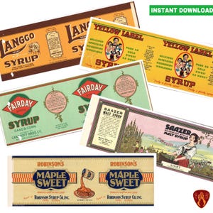 May include: A collection of vintage syrup labels, including "Langgo Syrup," "Yellow Label Syrup," "Fairday Syrup," "Saazer Malt Syrup," and "Robinson's Maple Sweet." The labels feature various designs and colors, with text and illustrations.