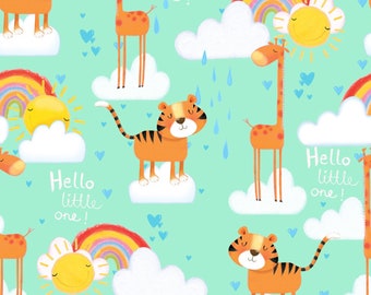 Scott Barnes for 3 Wishes - Welcome to the Jungle Tigers and Giraffes Aqua FLANNEL (Half metre)