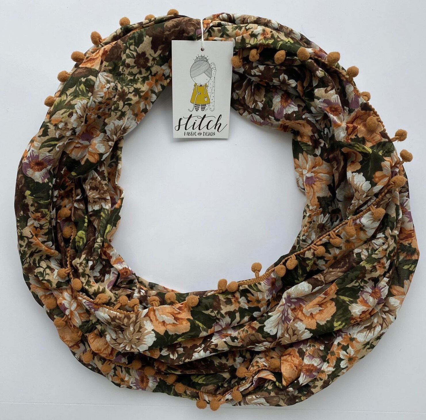 Infinity Scarf - Neutral Brown Bouquet with Brown Pom Pom Trim