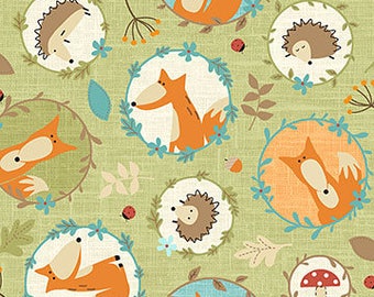 Susan Wheeler for Northcott Fabrics - Fox and Friends Fox Scatter Green (Half metre)