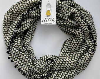 Infinity Scarf - Black White and Yellow Fishscale with Black Pom Pom Trim