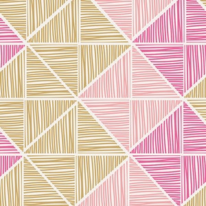 May include: A seamless pattern with a geometric design featuring pink and gold stripes arranged in triangles.