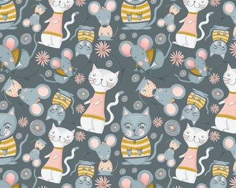 The Craft Cotton Company - Kitty Garden - Cats and Mice Grey Gray (Half metre)
