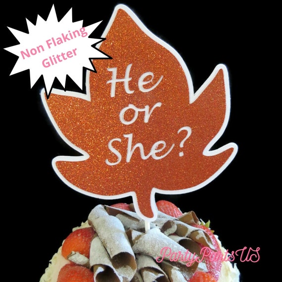 Fall Gender Reveal Ideas, Orange Oak Leaf Cake Topper, Glitter Leaf Cake Pick, He or She, Boy or Girl Il_570xn