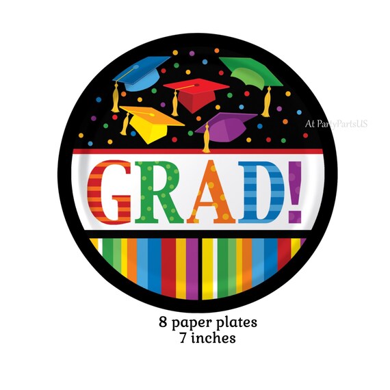 Grad Caps Graduation Plates Rainbow Multicolor Party Etsy