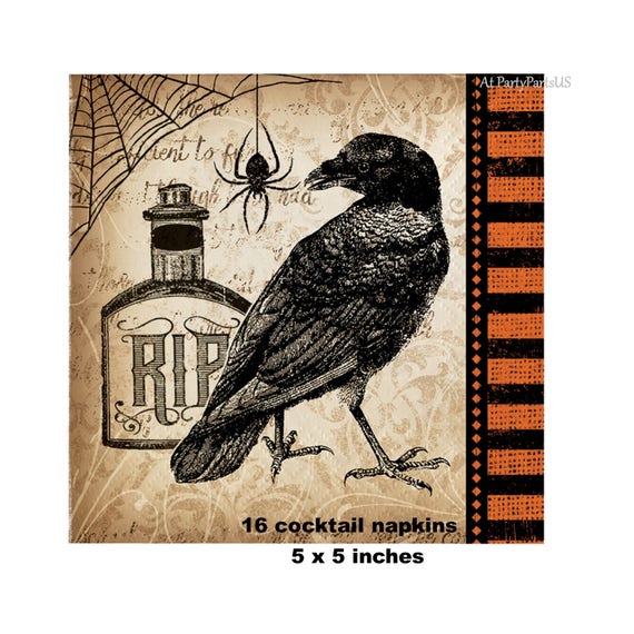 creepy Halloween cocktail napkins, raven napkins, spooky decorations, spider, RIP potion, web, scary party supplies, crow, black, orange Il_570xn