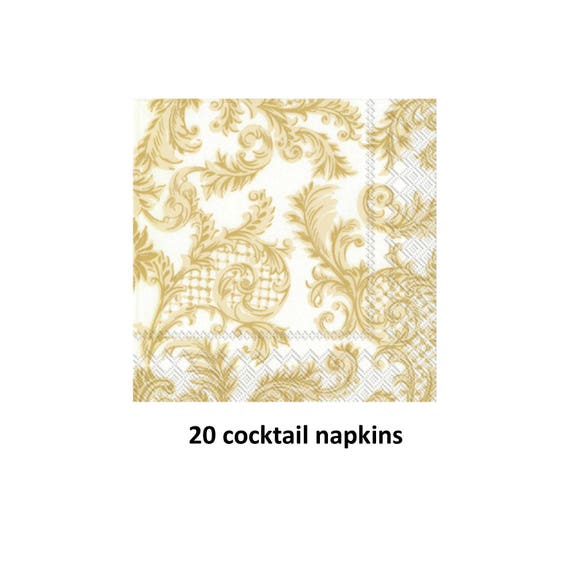 gold flourish cocktail napkins, elegant bridal shower, tea party decor, wedding decorations, bar supplies, reception formal fancy gold white Il_570xn