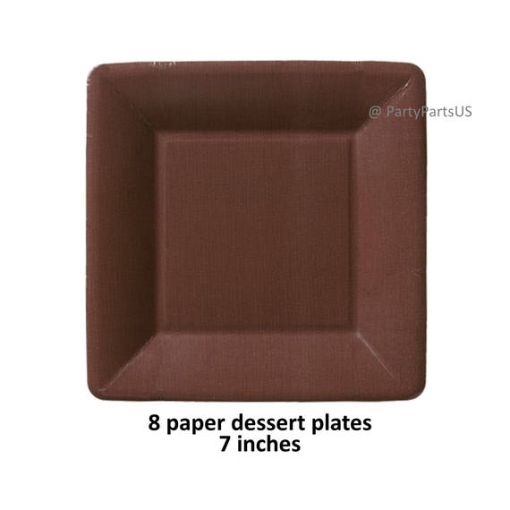 brown dessert plates, Superbowl football party disposable paper tableware, table setting, square, woodland, chocolate, dark brown Il_570xn