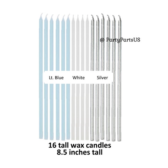 tall candles, light blue and silver and white, boys birthday cake decorations, baby shower, gender reveal party, its a boy, twinkle star Il_570xn