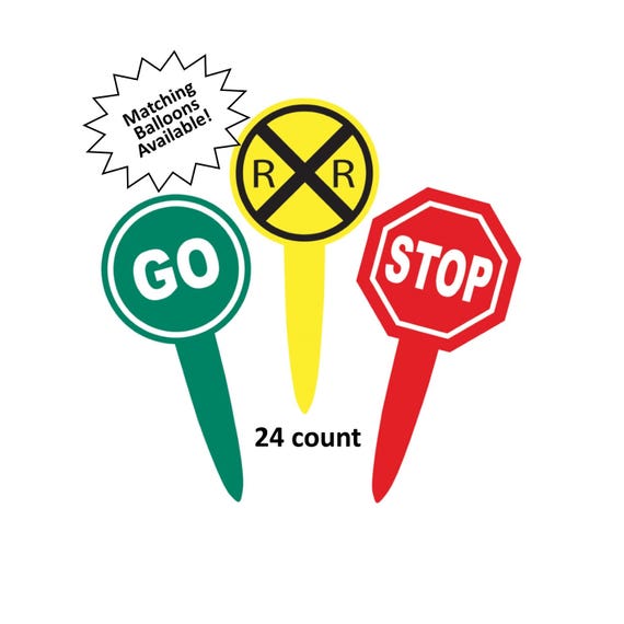 train birthday cupcake toppers, traffic signs, railroad party decorations, food picks, stop sign, go, railroad crossing, childrens birthday Il_570xn