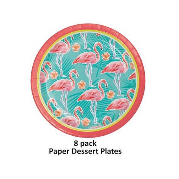 flamingo dessert plates, 7 inches, luau decorations, tropical party supplies, hot pink flamingos, pink and teal, palm branches, summer Il_570xn
