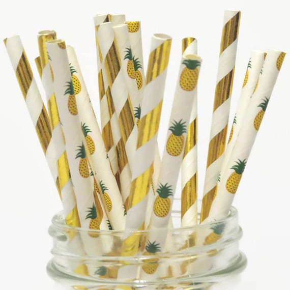 Gold Pineapple Straws Mix, Pineapples Party Decorations, Luau, Tropical Wedding, Bridal Shower, Gold Foil, Metallic, 10CT, summer fruit Il_570xn