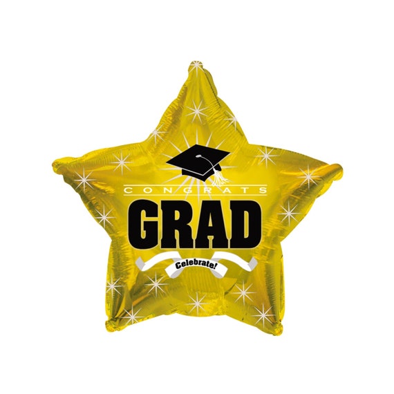 gold graduation star balloon, congrats grad, black cap, starbursts, class of 2019 graduates, party decorations, celebration, celebrate Il_570xn