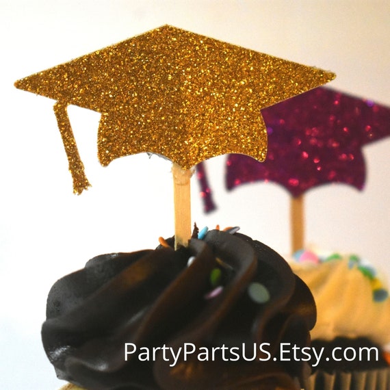 Graduation Cap Cupcake Toppers Purple and Gold Party Decorations Cake Topper Centerpiece Ideas School Colors Il_570xn