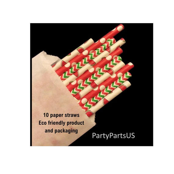 Watermelon straws chevrons polka dots red green fruit picnic summer barbecue Fathers Day tropical ecofriendly paper graduation party supply Il_570xn