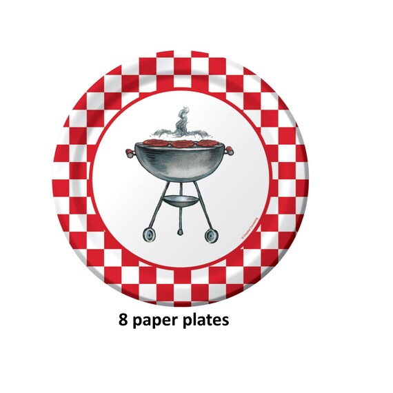barbecue grill plates, bbq, 9 inch, summer party, grilling, paper tableware, picnic supplies, birthday, camping, outdoors, mens party ideas Il_570xn