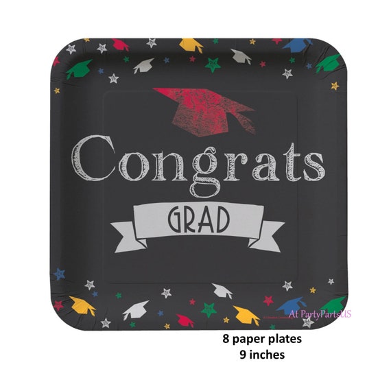 Congrats Grad Plates, class of 2020, Grad caps, home graduation party decorations, chalkboard look, congratulations, graduates, disposable Il_570xn