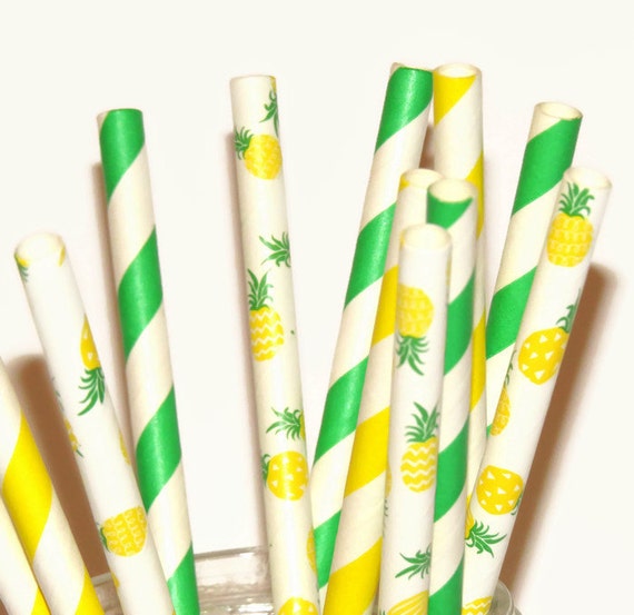 Bright Pineapple Party Straws, Tropical Bridal Shower Decorations, Paradise Wedding Decor, Pineapples, Luau, Lemon Lime, Fruit, Summer, 12CT Il_570xn