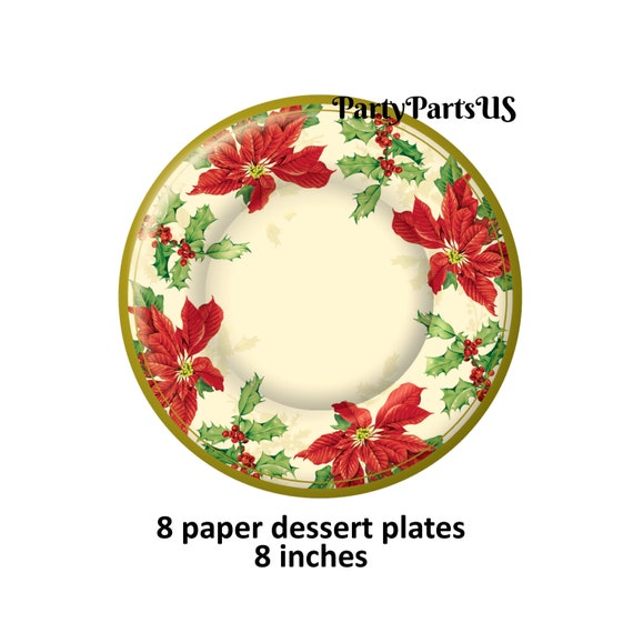 poinsettia dessert plates Christmas party decorations paper tableware gold red green holly holidays floral elegant Il_570xn