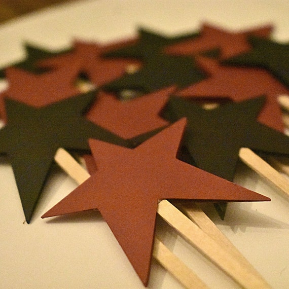 Primitive Wedding Cupcake Toppers, Country Wedding Decorations, Party Picks, Burgundy and Black, Dark Red, Stars Il_570xn