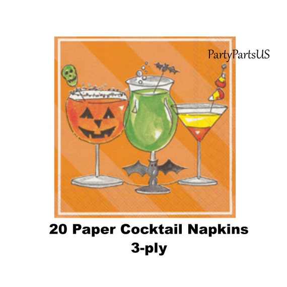 Halloween cocktail napkins party drinks adult cocktails pumpkin orange green alcohol candy corns jack o lantern bats skulls bar supplies Il_570xn