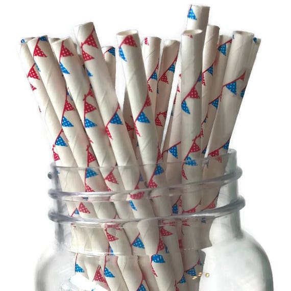 patriotic pennant straws, red white and blue, pennants, 4th of July, summer picnic decorations, Il_570xn