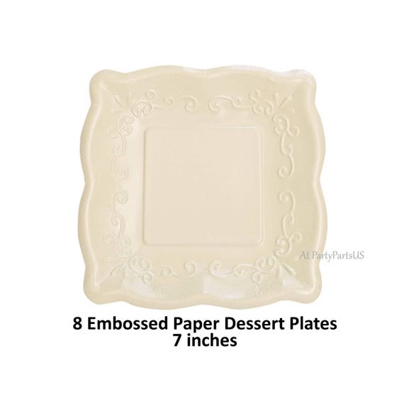 ivory cake plates, wedding tableware, fancy embossed, disposable, paper, elegant table setting, bridal shower, baby, graduation, Baptism Il_570xn