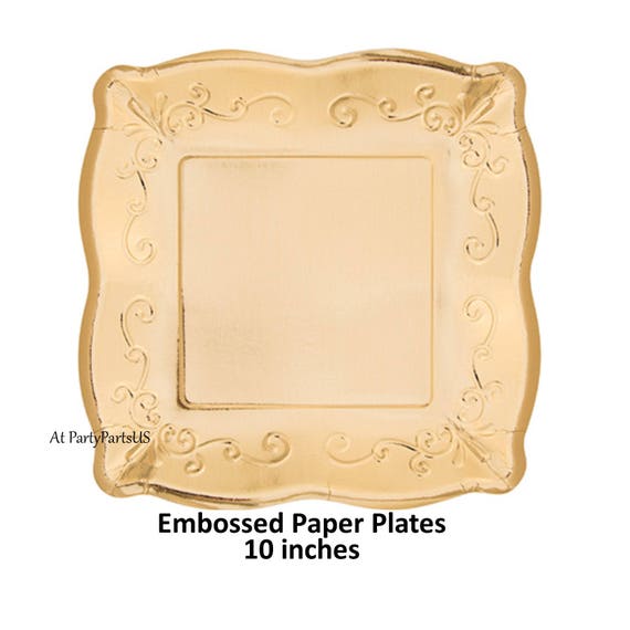 gold paper plates, embossed elegant tableware, fancy pretty bridal shower wedding baby girls graduation party ideas tablesetting square Il_570xn
