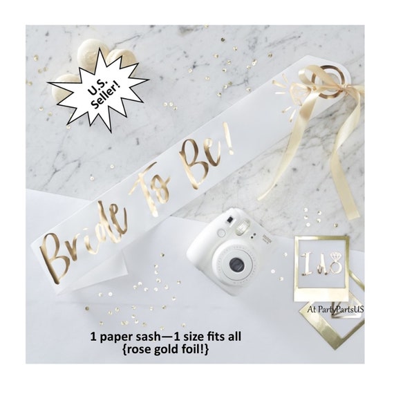 white bride to be sash, gold foil letters, gold and white bachelorette party decorations, bridal shower, wedding, hen party, paper sash Il_570xn