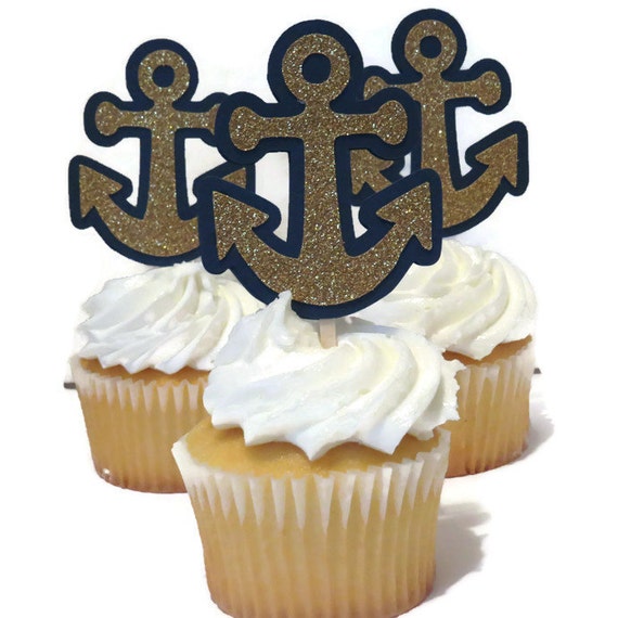 anchor cupcake toppers, nautical party decorations, custom colors, 12 glitter anchors, sailing, boating, lake, coastal, beach, baby shower Il_570xn