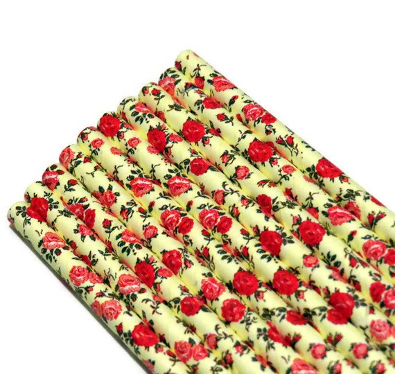 Rose straws, tea party, garden party, floral tableware, red roses, flowers, summer wedding decorations, bridal shower Il_570xn