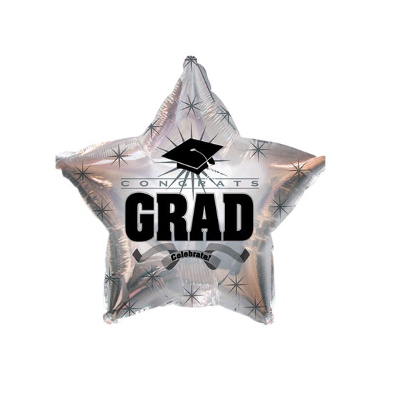 silver graduation star balloon, congrats grad, black cap, starbursts, class of 2019 graduates, party decorations, celebration, celebrate Il_570xn